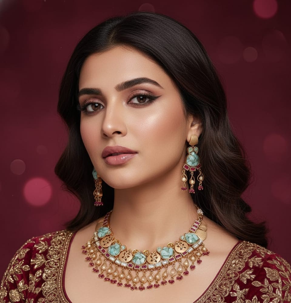 Turquoise Pearl Gold Necklace Set